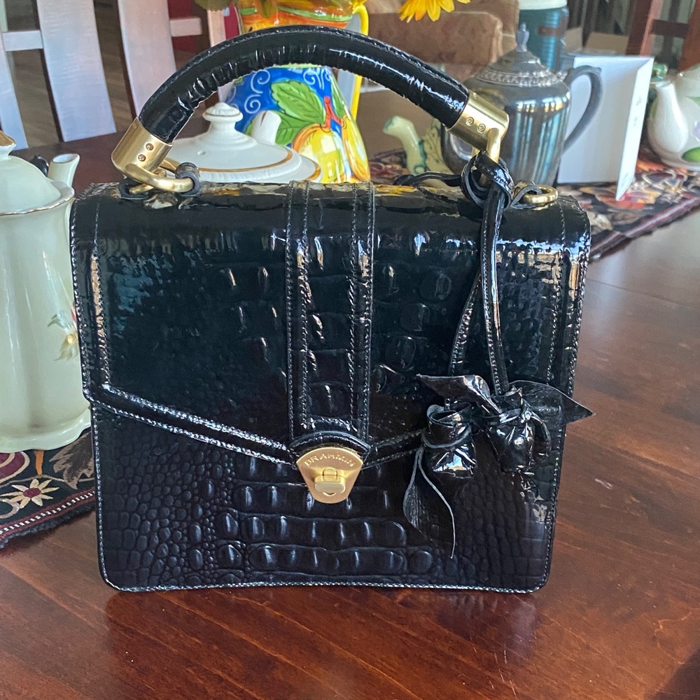 Brahmin Black Patent Croc-Embossed Top-Handle Satchel with Gold Hardware